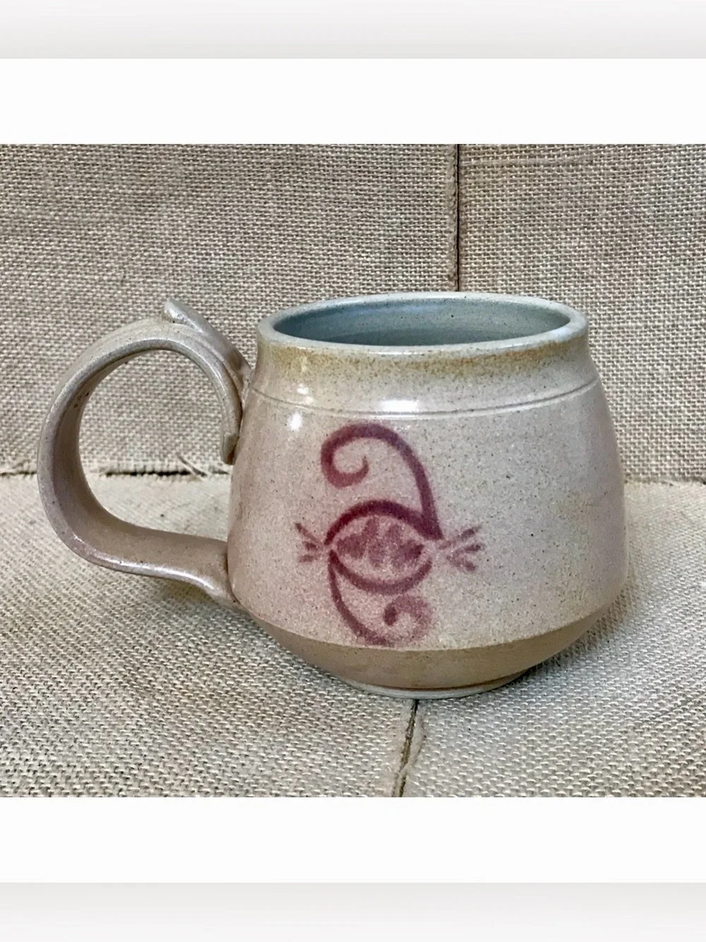 Handmade Pottery Mug Cup Double Spiral Eye Symbol Beige Brown Wide Handle - Picture 1 of 9